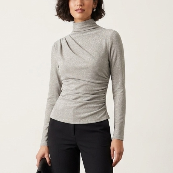 White House Black Market Tops - White House Black Market FORME™ Stretch Light Silver Metallic Long-Sleeve Top
